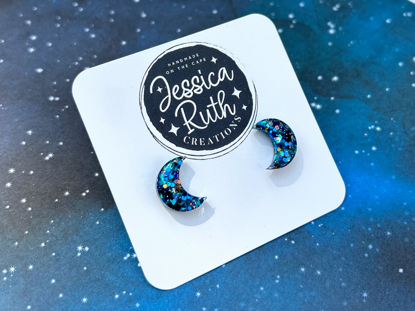 Big Blue Crescent Moon Stud Earrings