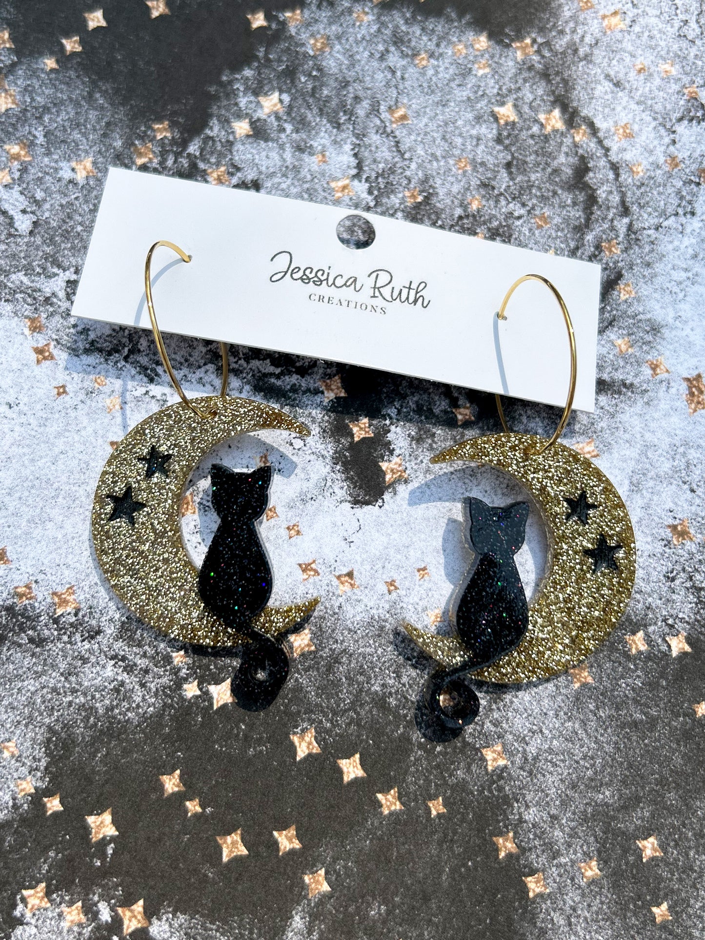 Beautiful Cat & Moon Hoop Earrings