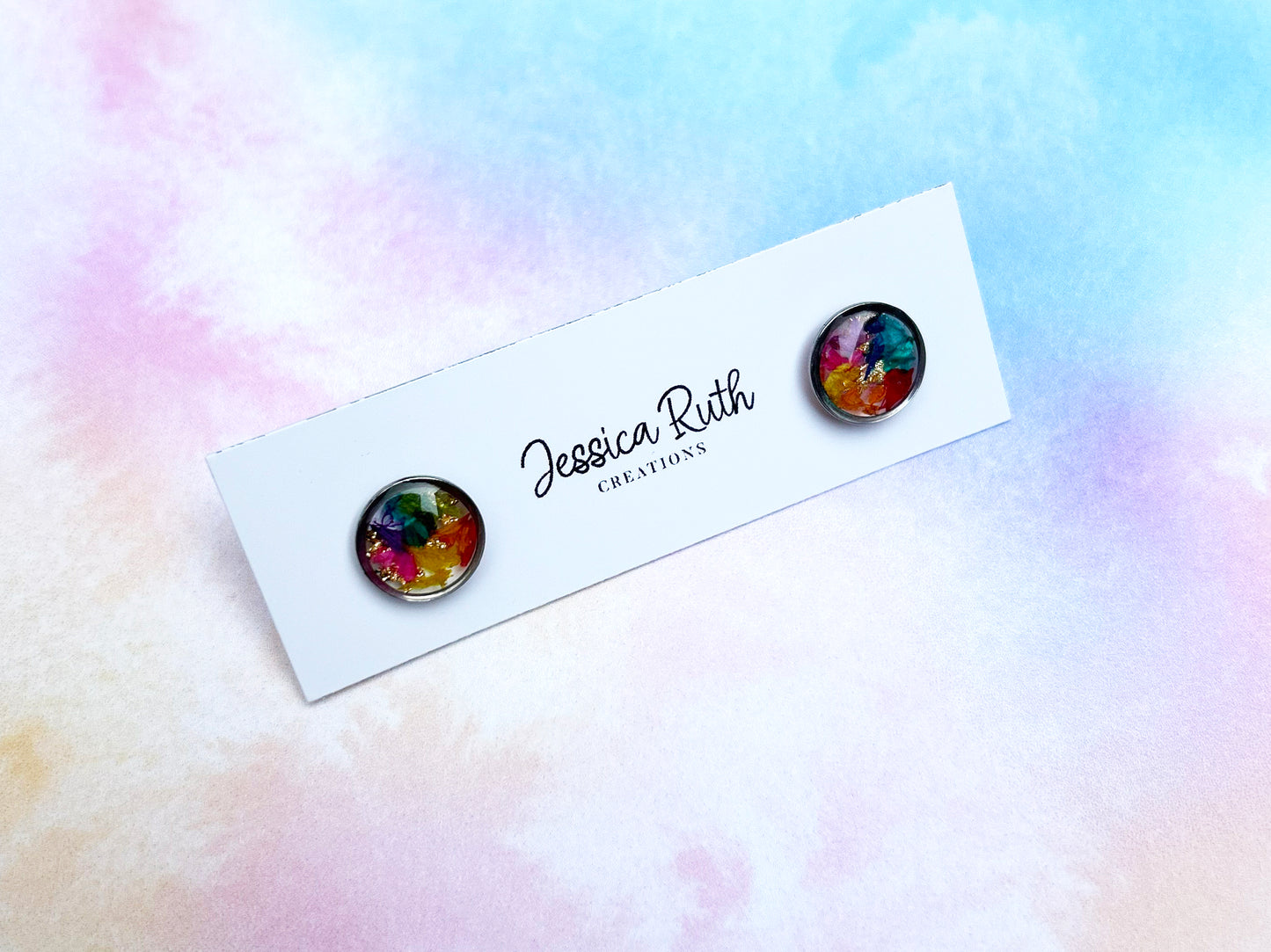 Rainbow Dried Flower Stud Earrings
