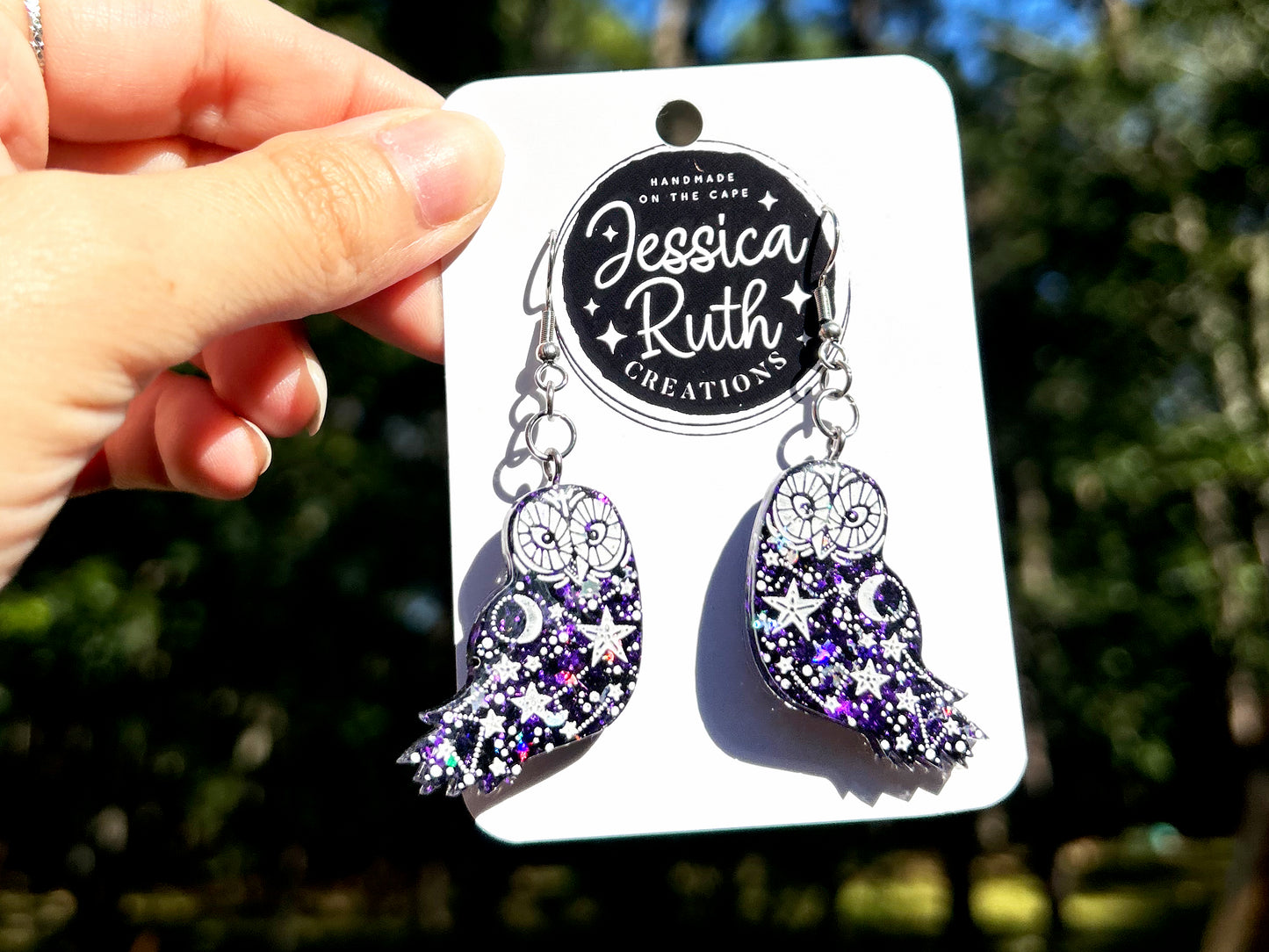 Deep Purple Celestial Owl Dangle Earrings