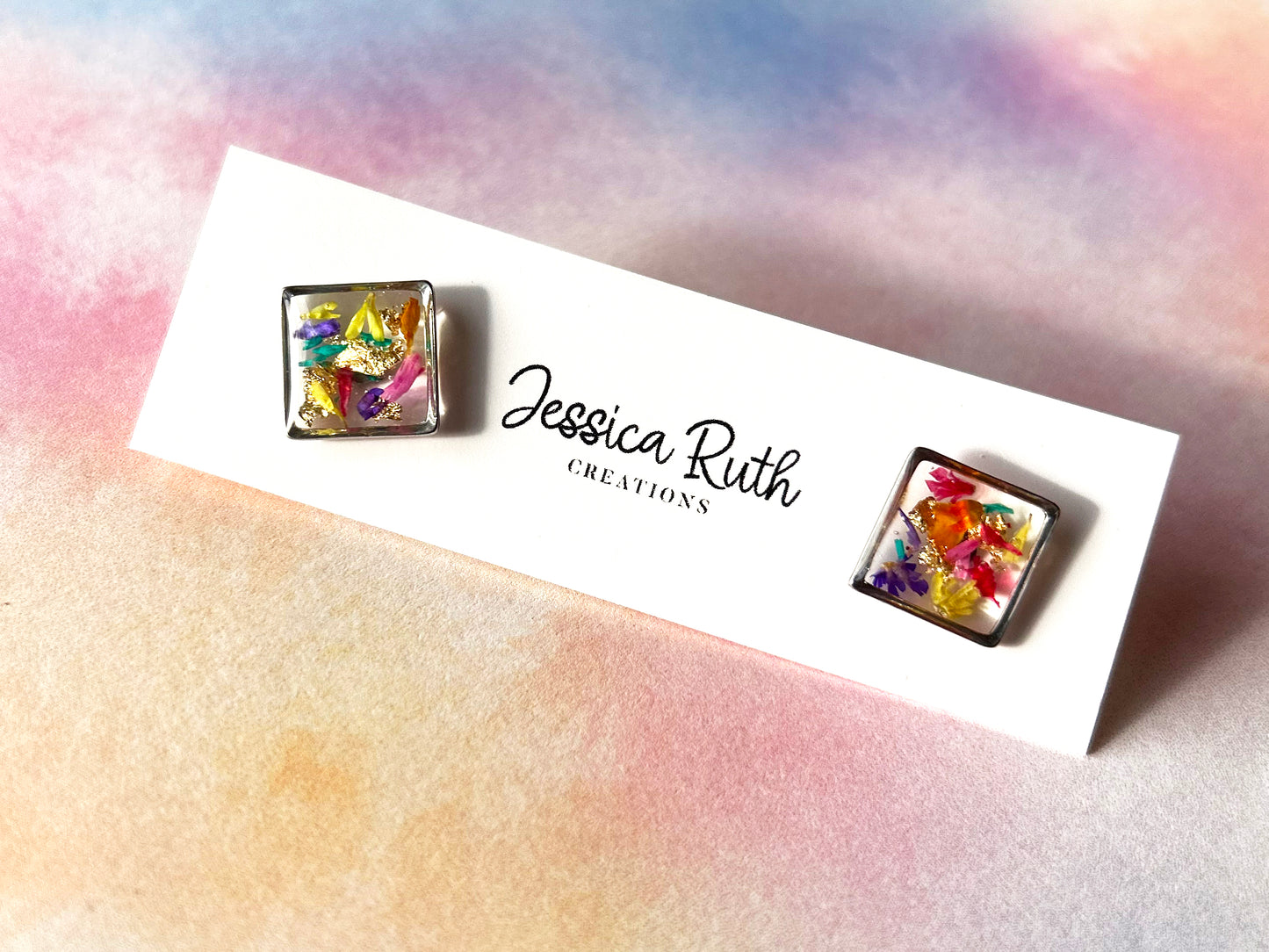 Rainbow Dried Flower Stud Earrings