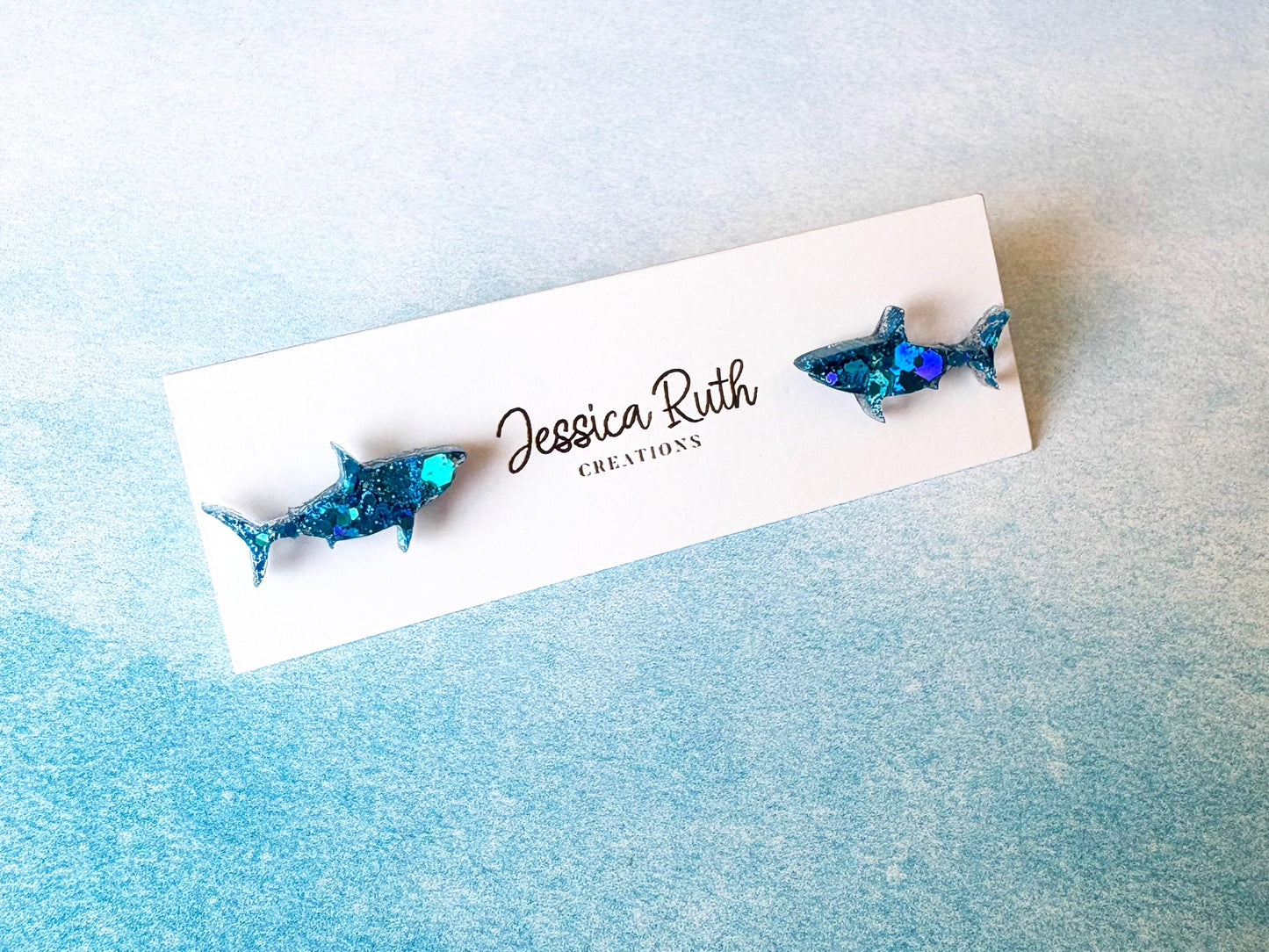 Sparkly Shark Stud Earrings, Handmade Pink or Blue