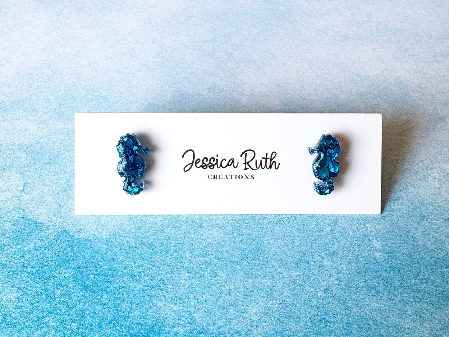 Handmade Glitter Seahorse Stud Earrings, Beach Ocean Jewelry