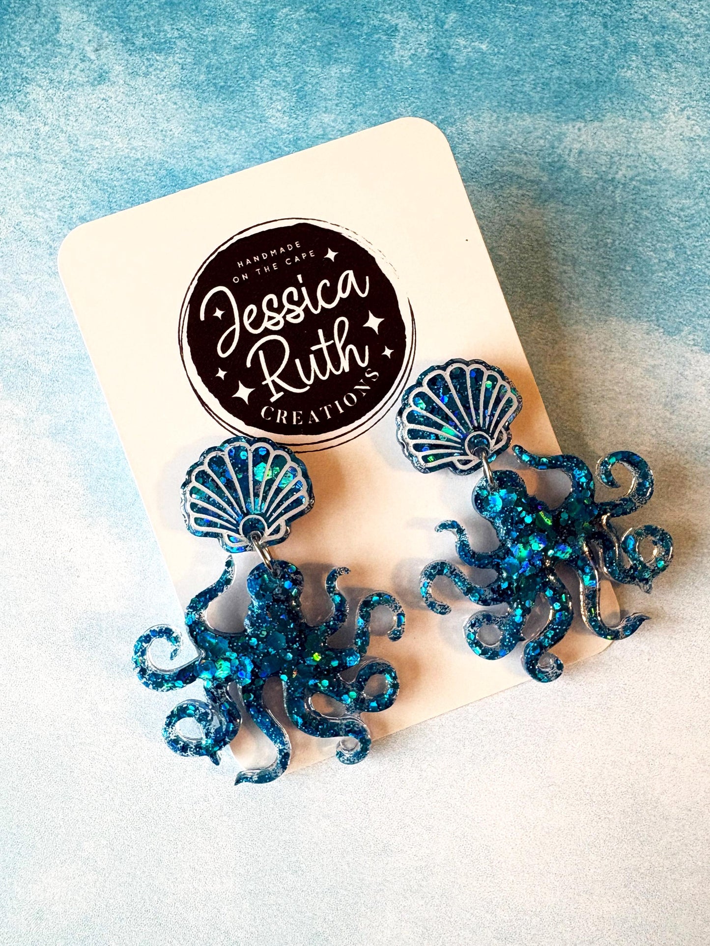 Blue Sparkly Seashell and Octopus Dangle Earrings