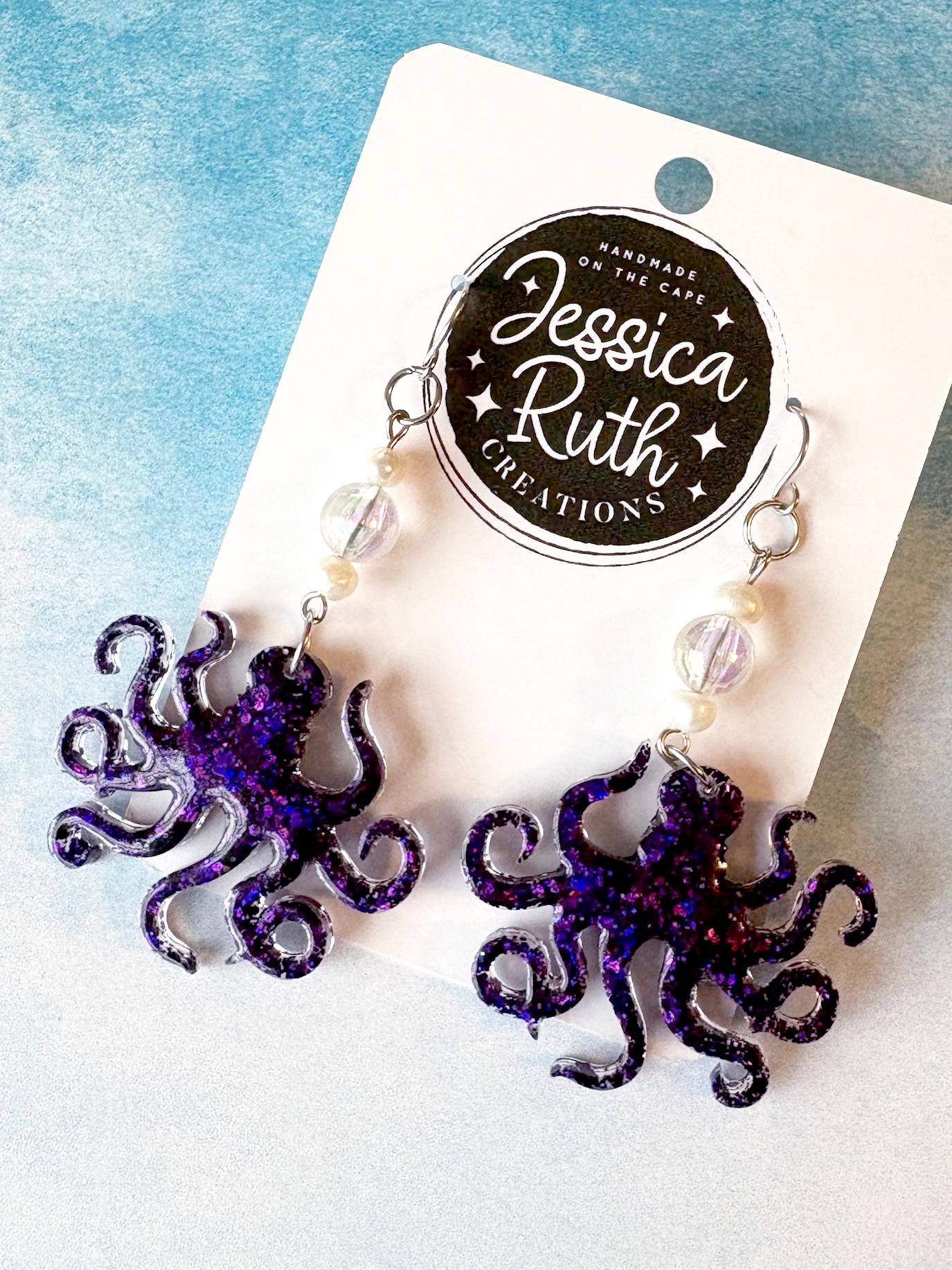 Beaded Purple Octopus Dangle Earrings