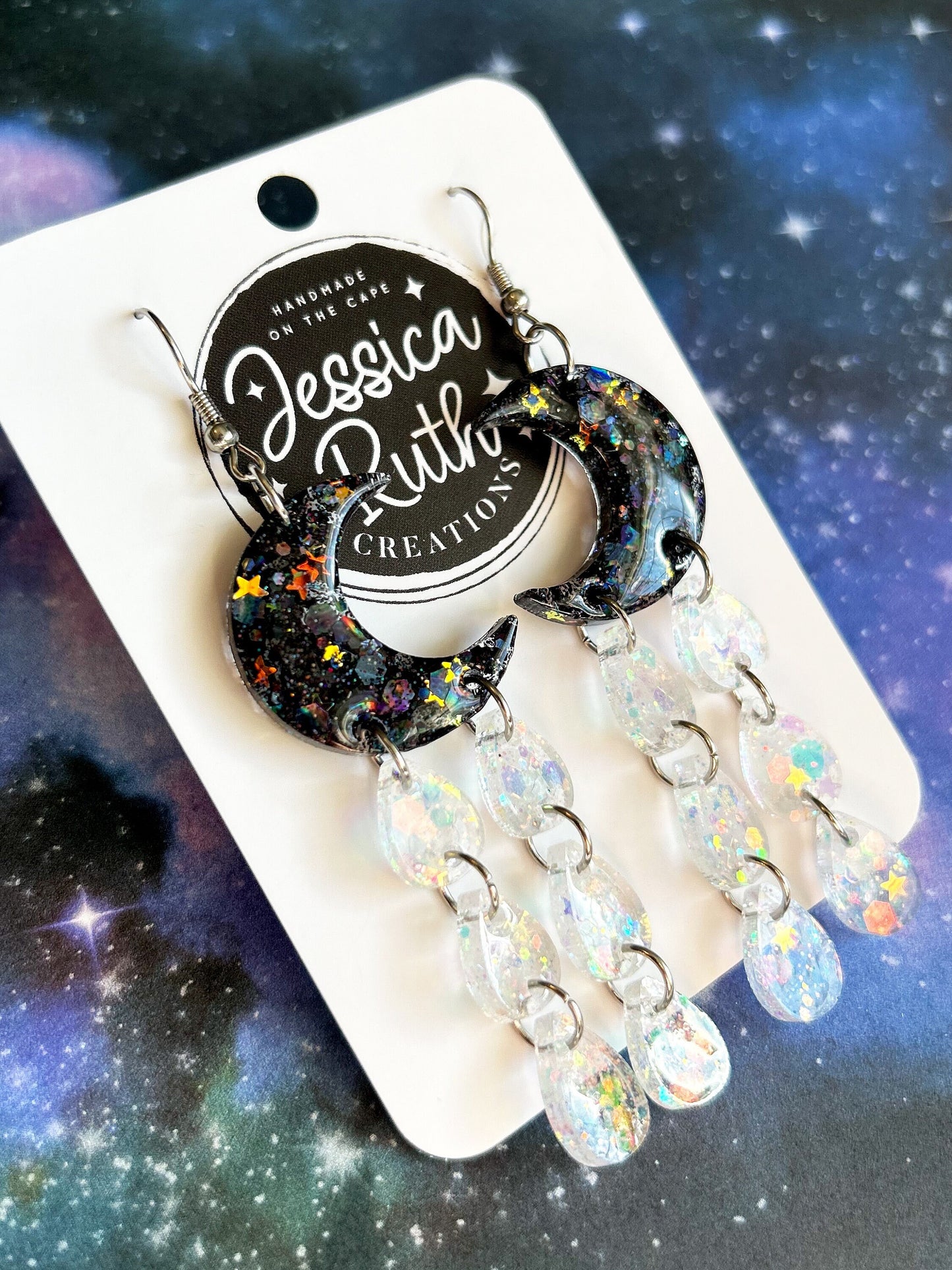 Black Moon and Raindrop Dangle Earrings