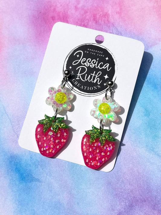 Pink Strawberry and Daisy Dangle Earrings