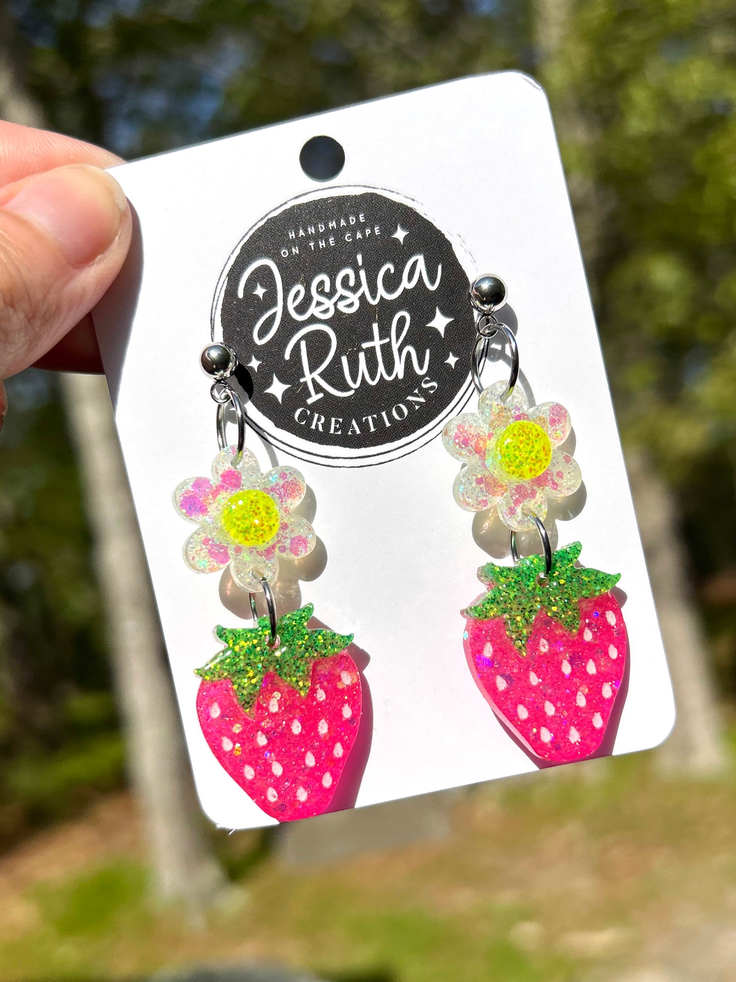 Pink Strawberry and Daisy Dangle Earrings