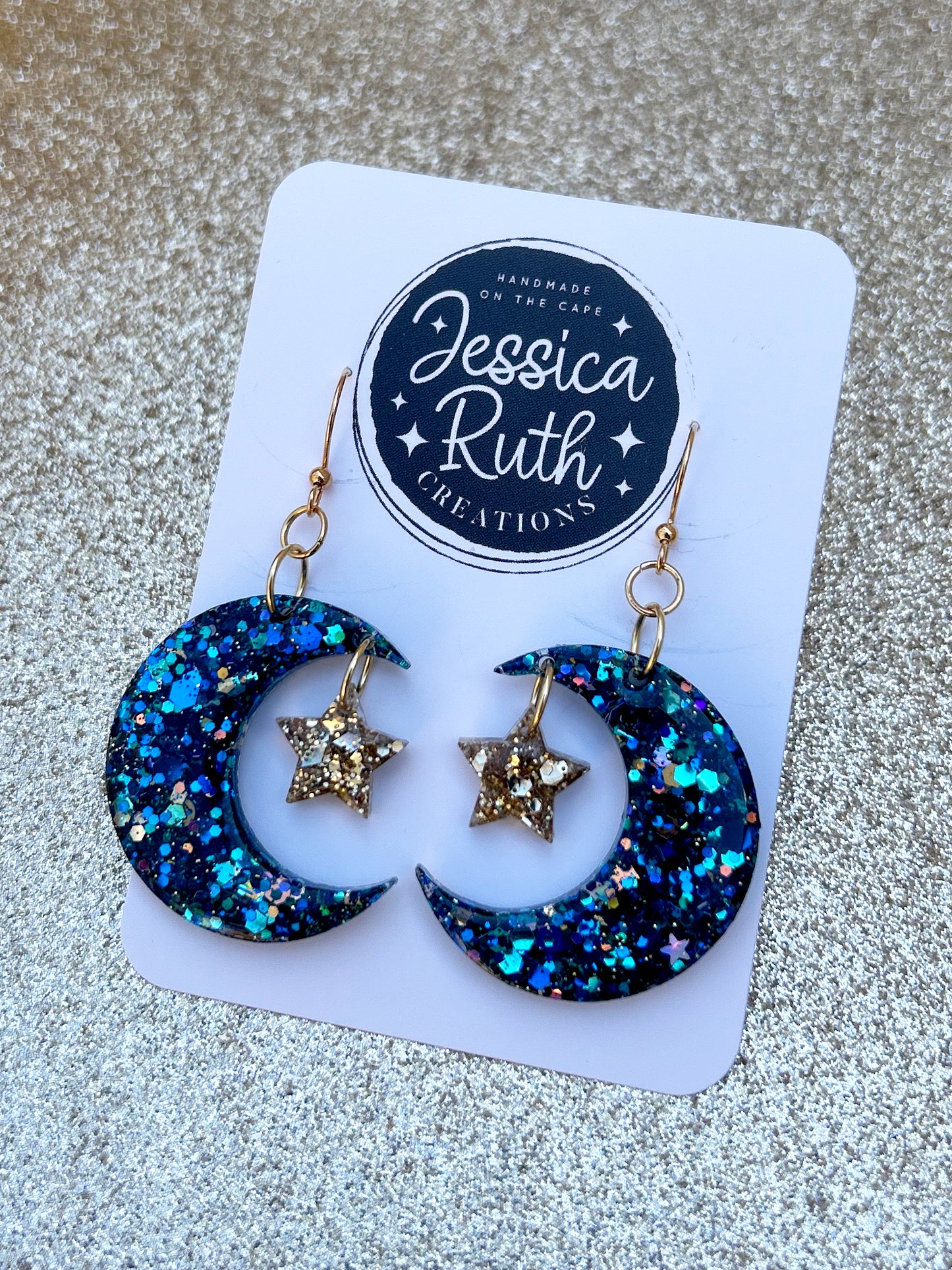 Blue Crescent Moon & Star Dangle Earrings