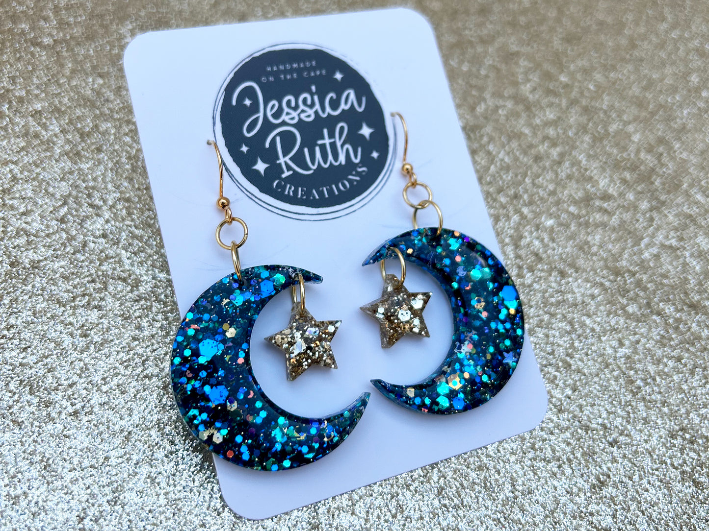 Blue Crescent Moon & Star Dangle Earrings