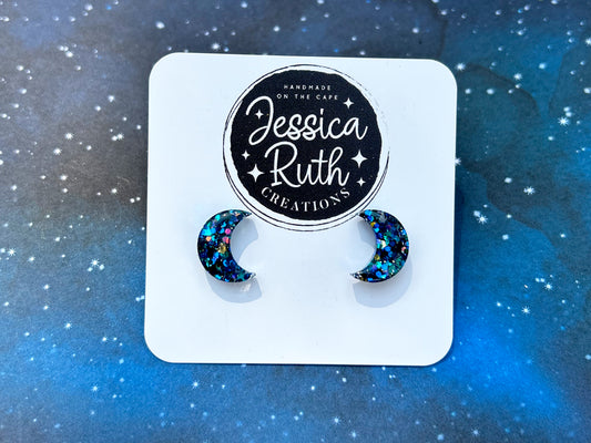 Big Blue Crescent Moon Stud Earrings