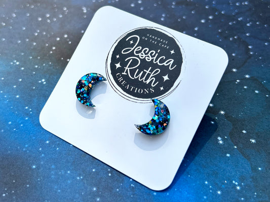 Big Blue Crescent Moon Stud Earrings