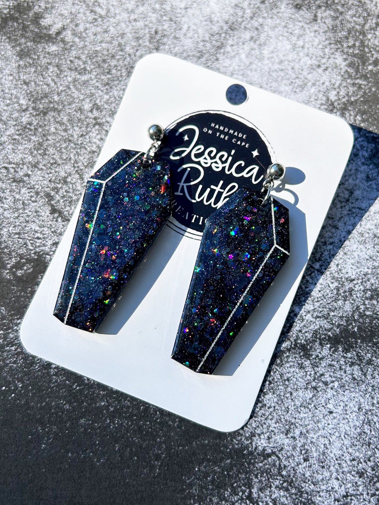 Big Sparkly Black Coffin Dangle Earrings