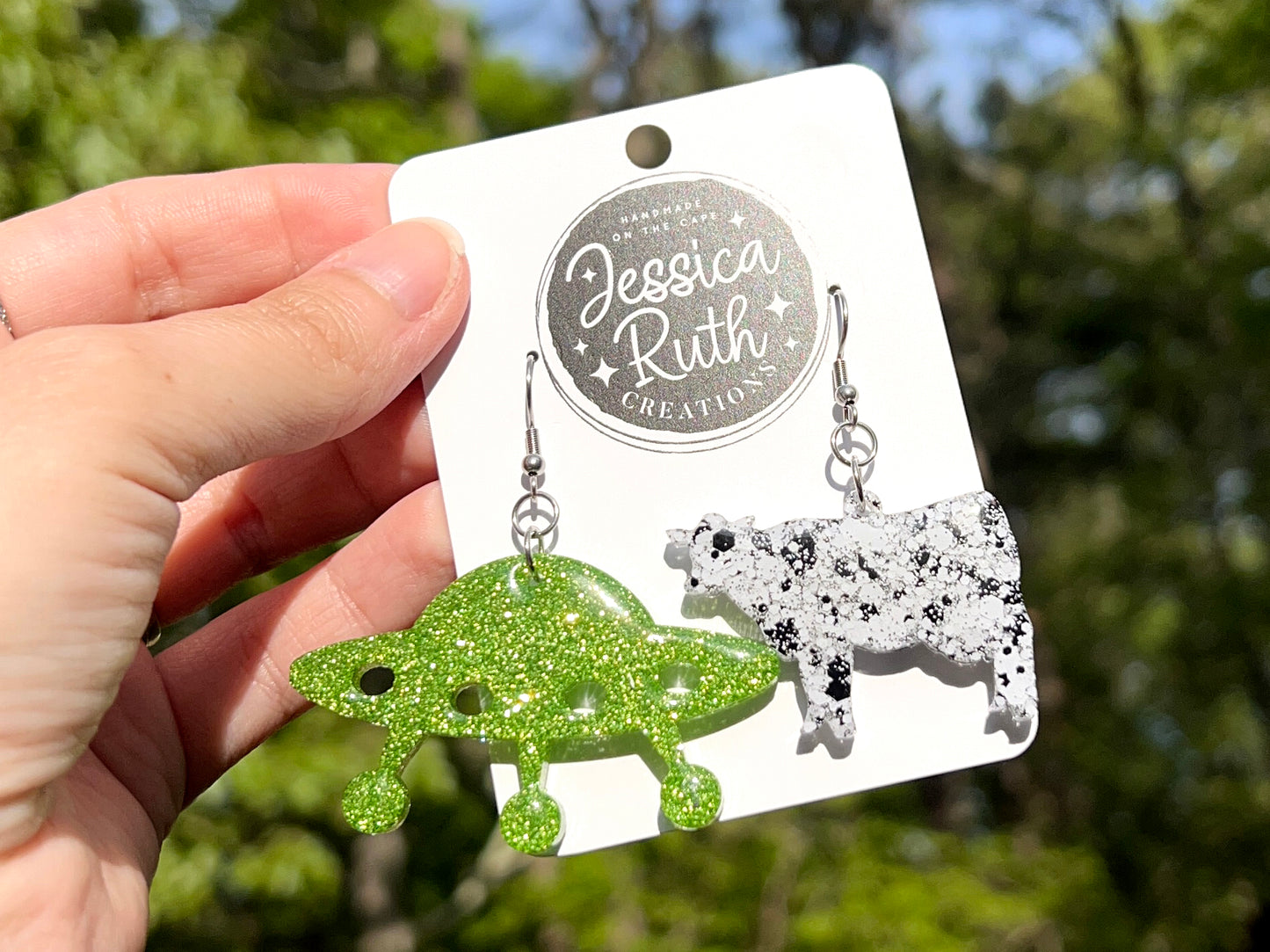 Large Cow and UFO Dangle Earrings