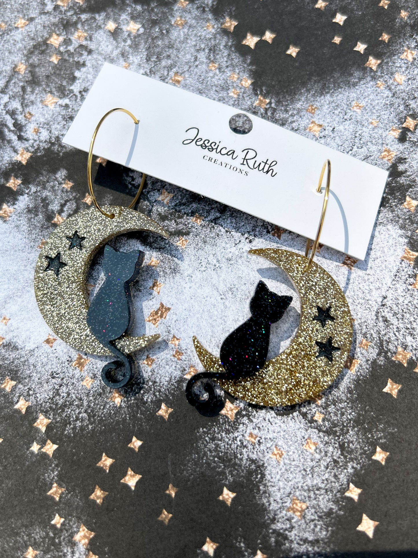 Beautiful Cat & Moon Hoop Earrings