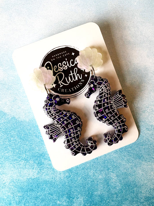 Deep Purple Seahorse with Seashell Stud Top