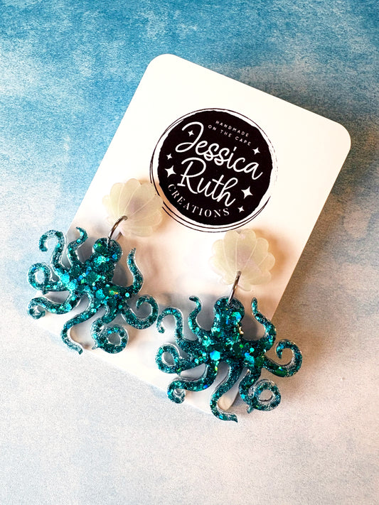Blue Octopus with White Seashell Stud Top