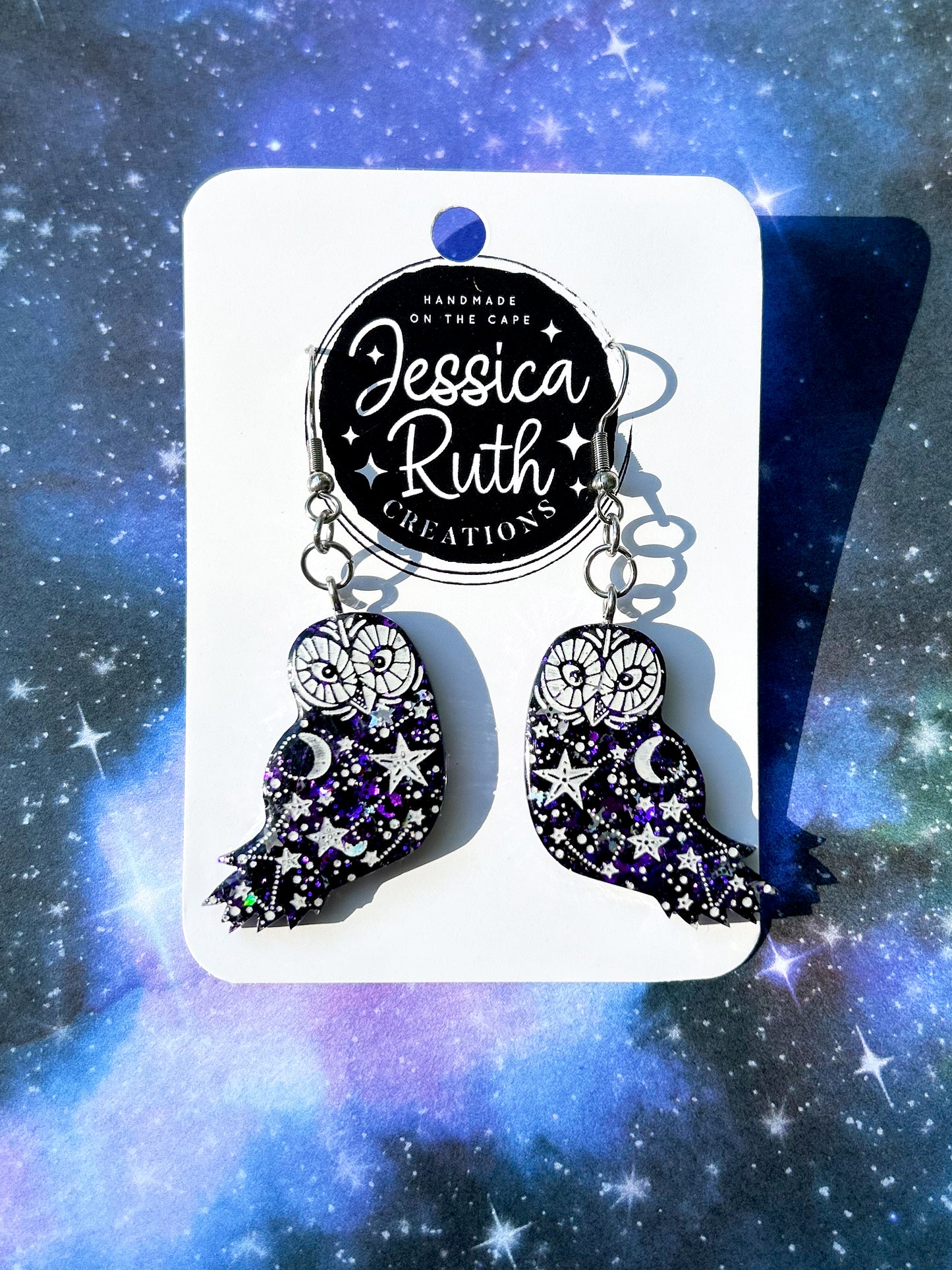 Deep Purple Celestial Owl Dangle Earrings