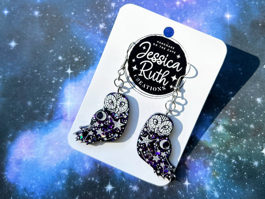Deep Purple Celestial Owl Dangle Earrings