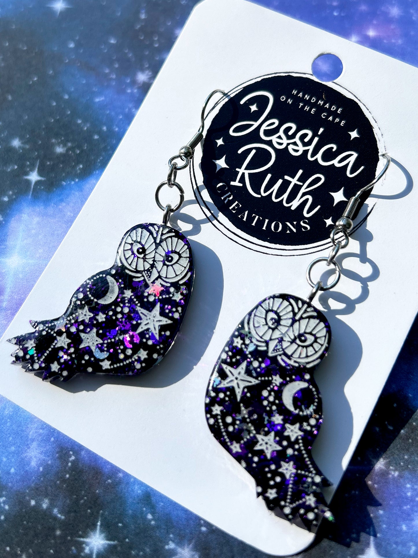 Deep Purple Celestial Owl Dangle Earrings