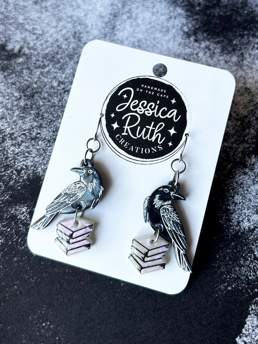 Raven and Book Dangle Earrings
