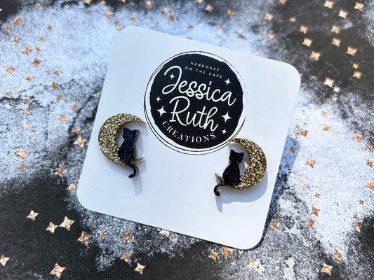 Cat & Moon Stud Earrings