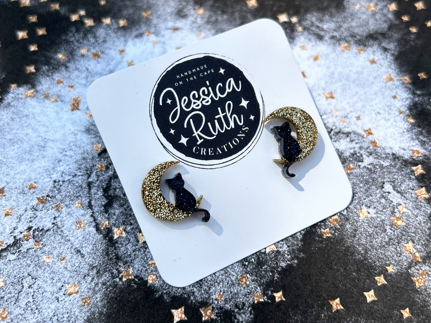 Cat & Moon Stud Earrings