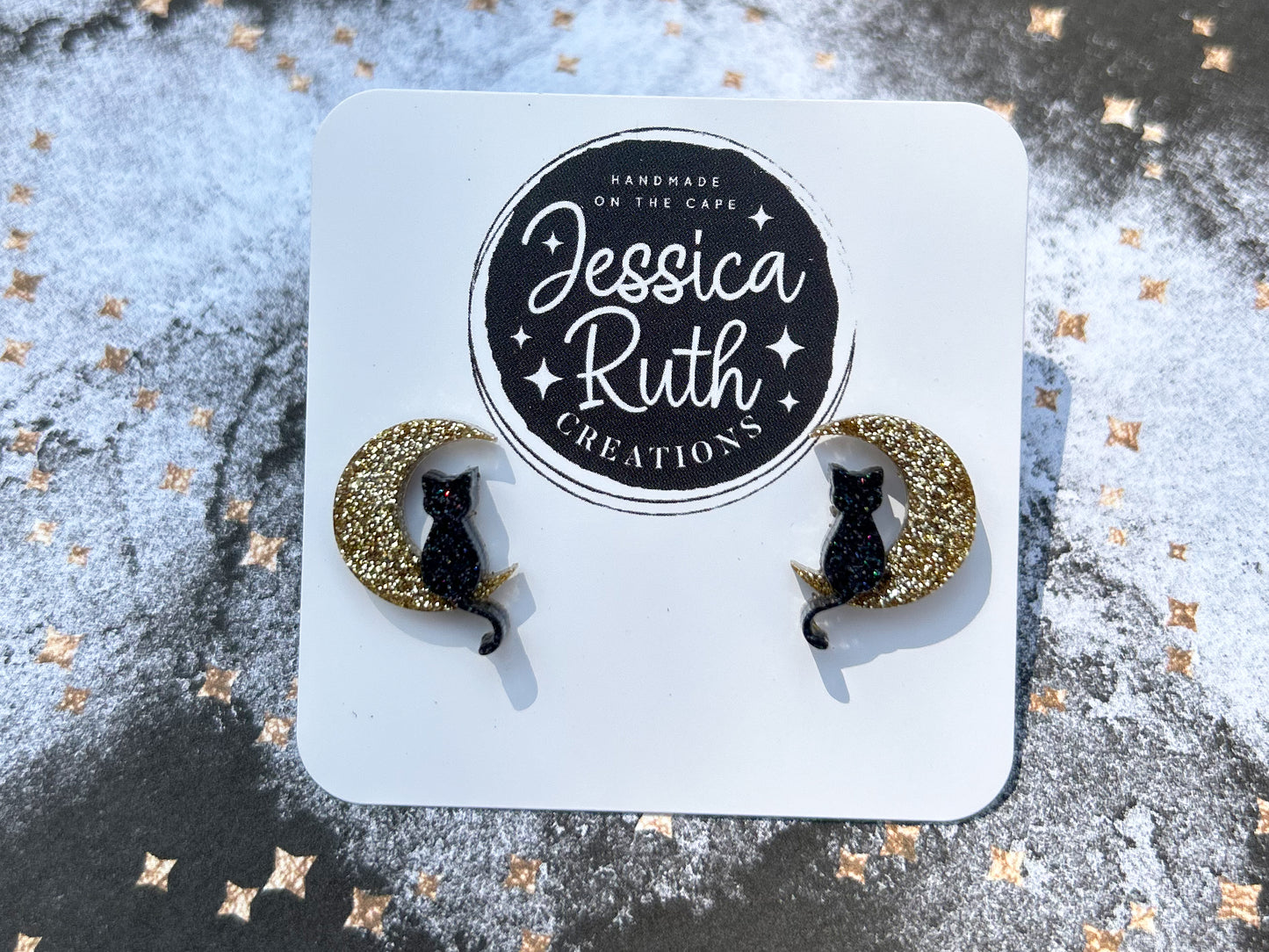 Cat & Moon Stud Earrings