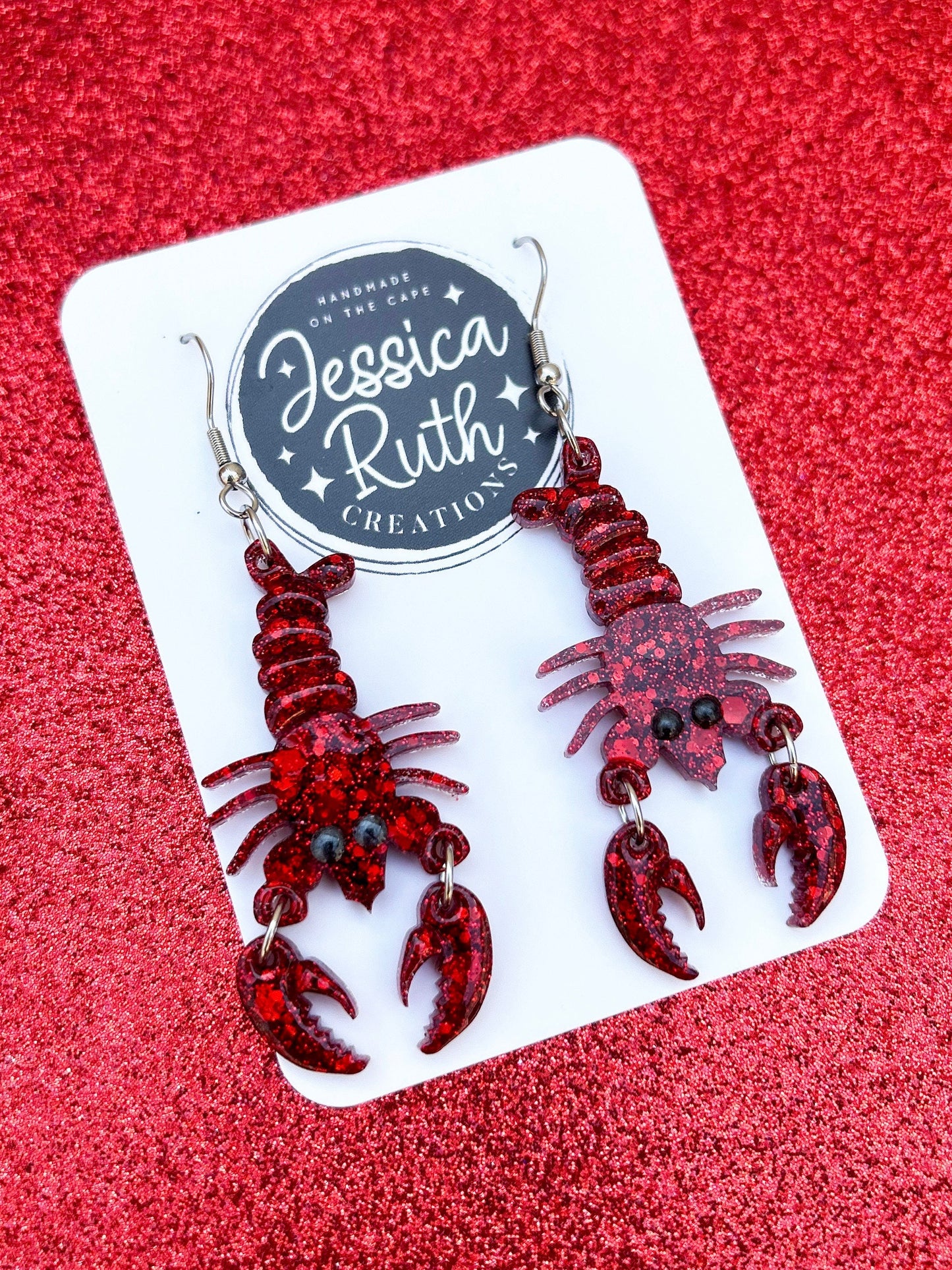 Handmade Funky Red Lobster Dangle Earrings, Beach Jewelry