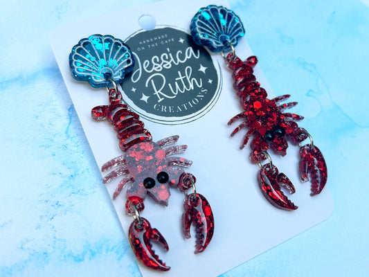 Handmade Funky Red Lobster Dangle Earrings