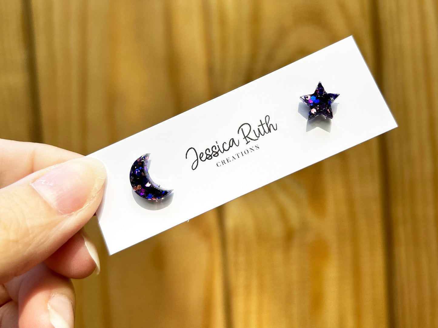 Small Handmade Moon and Star Stud Earrings, sparkly deep purple color mix with hypoallergenic stainless steel posts