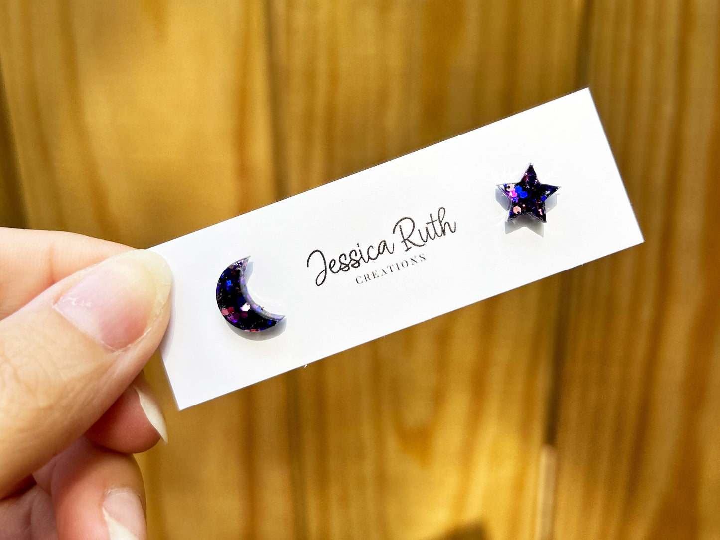 Small Handmade Moon and Star Stud Earrings, sparkly deep purple color mix with hypoallergenic stainless steel posts