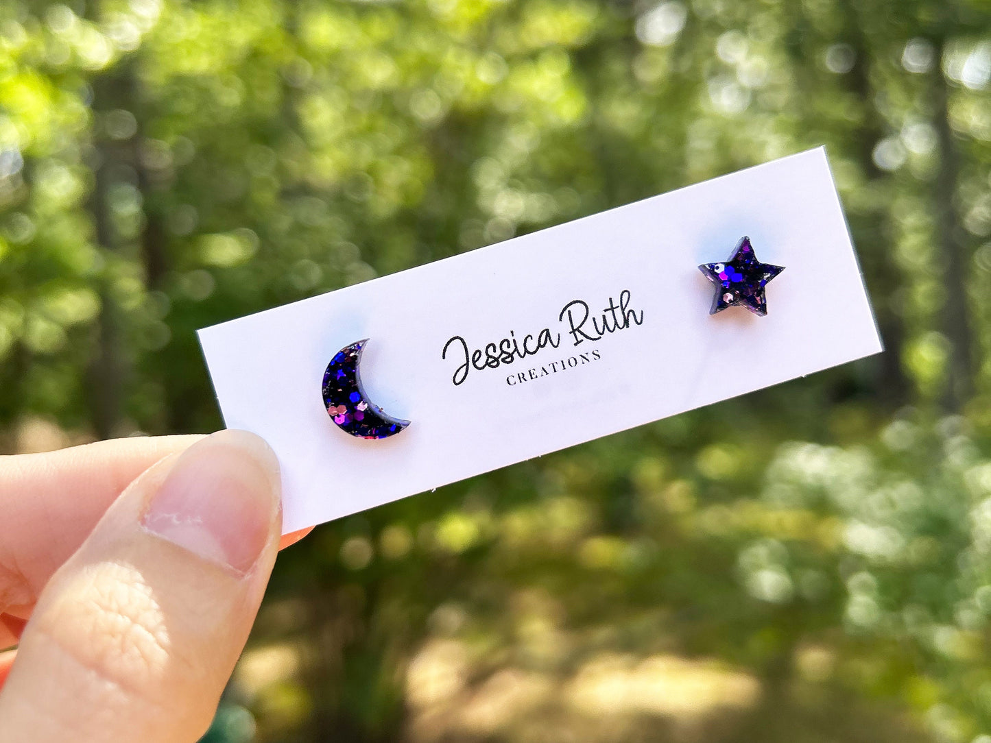 Small Handmade Moon and Star Stud Earrings, sparkly deep purple color mix with hypoallergenic stainless steel posts