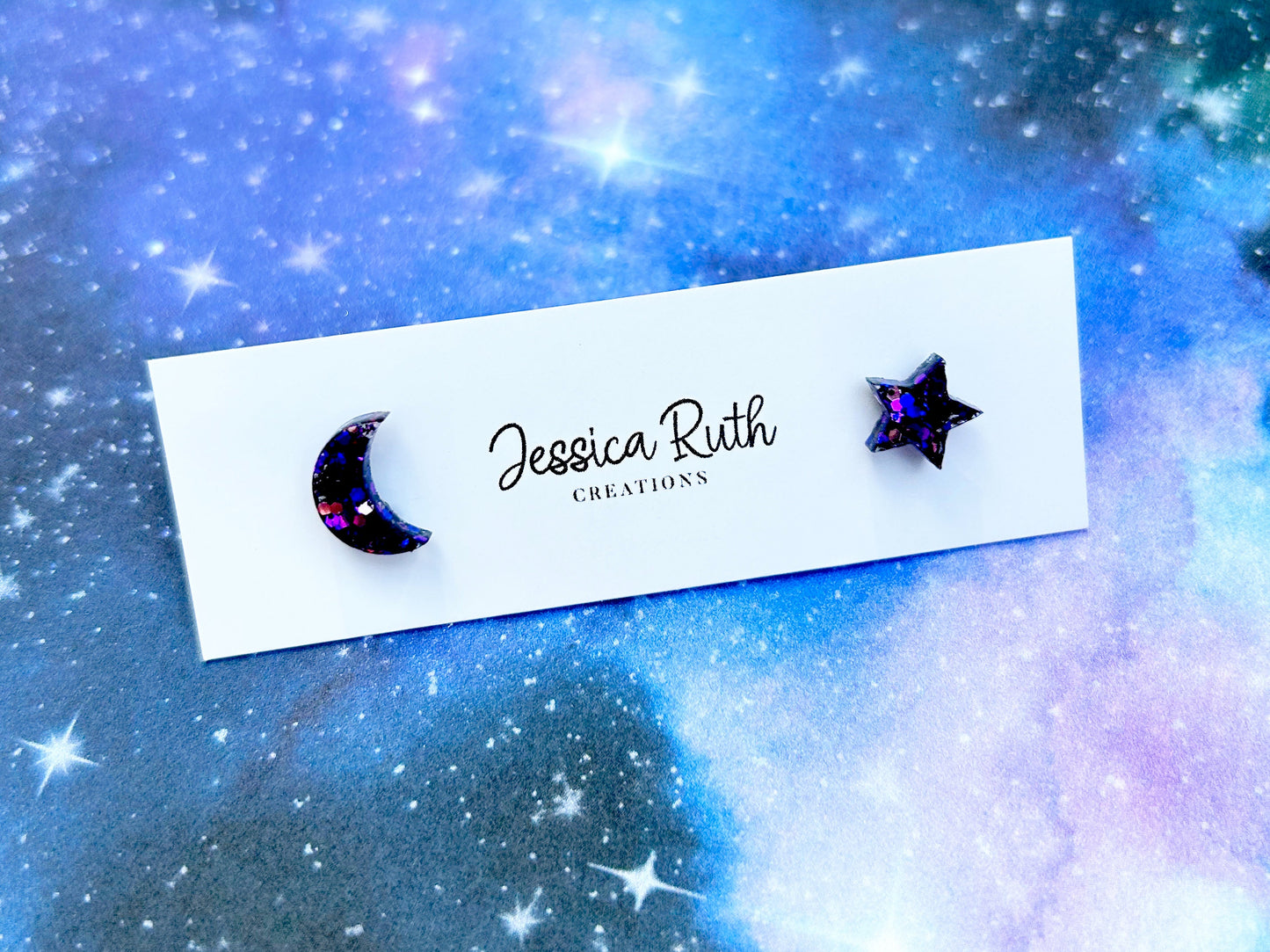 Small Handmade Moon and Star Stud Earrings, sparkly deep purple color mix with hypoallergenic stainless steel posts