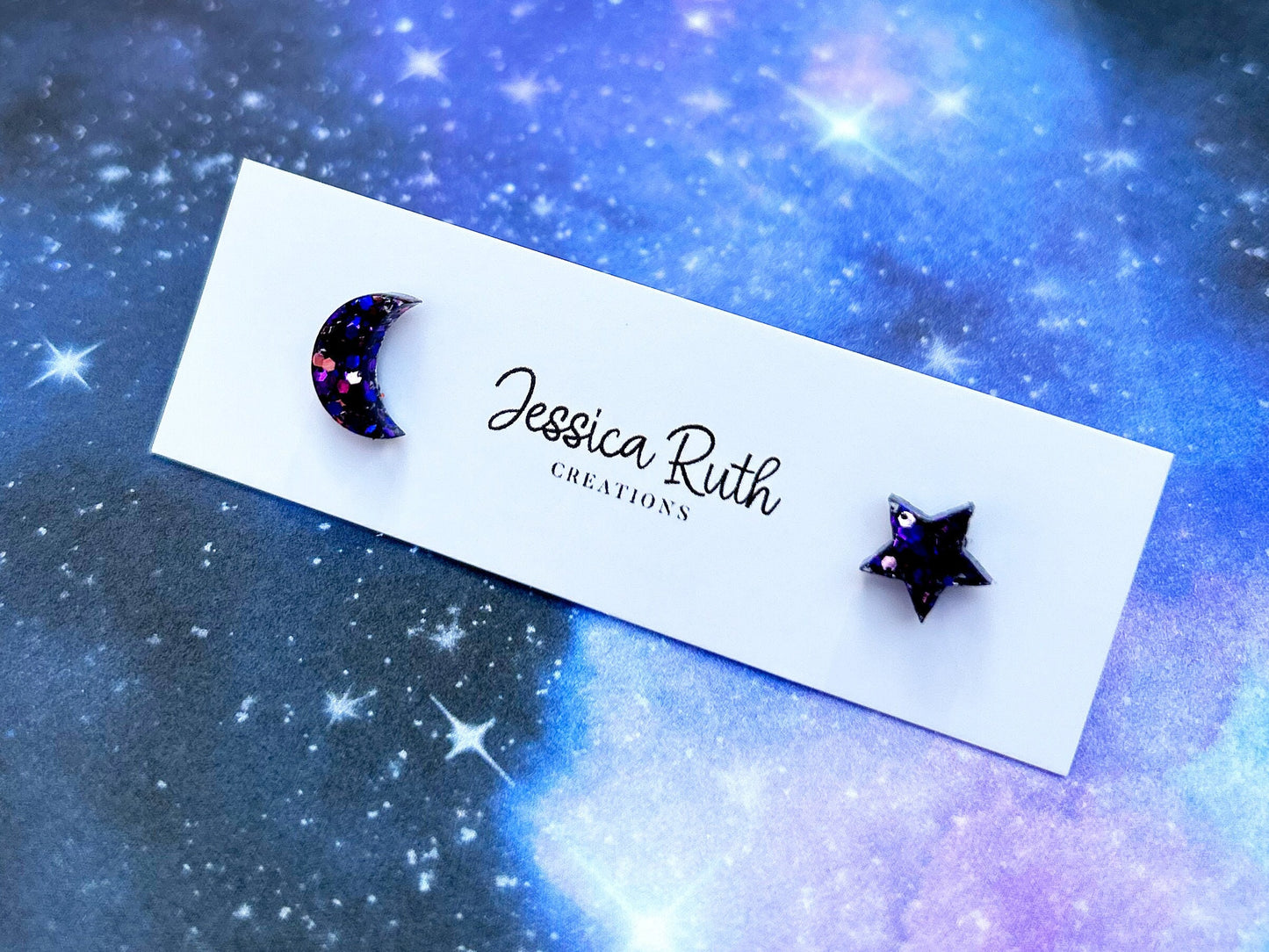 Small Handmade Moon and Star Stud Earrings, sparkly deep purple color mix with hypoallergenic stainless steel posts