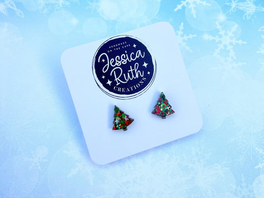 Handmade Sparkly Tree Stud Earrings - Multiple Color Choices