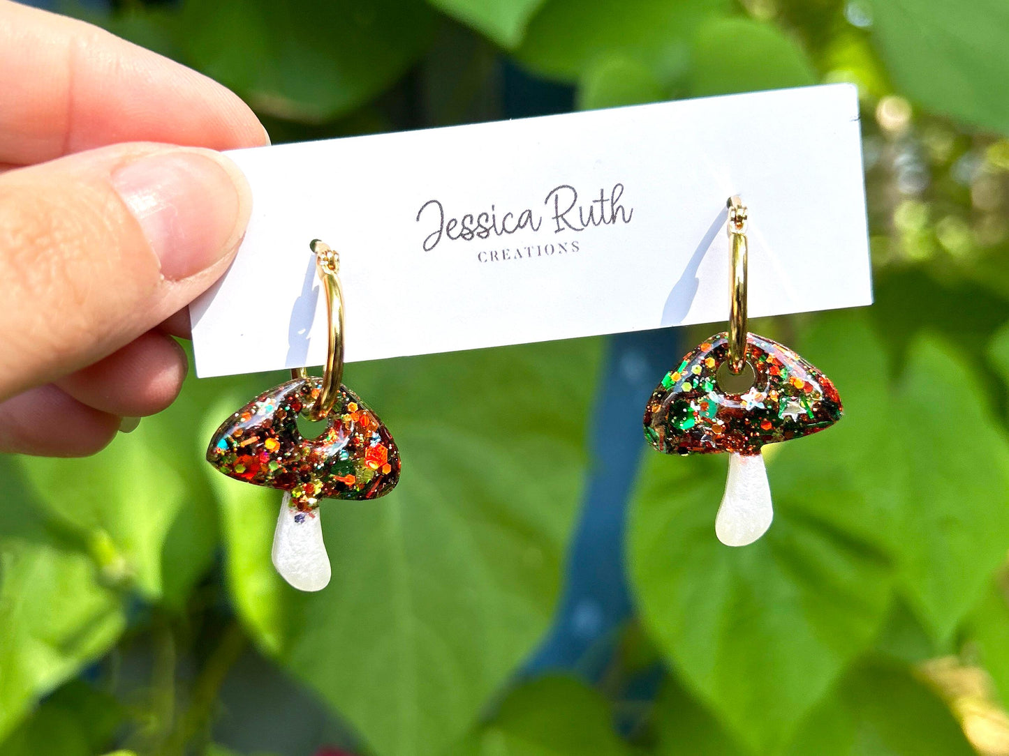 Fall Mushroom Hoop Earrings Handmade with Hypoallergenic Stainless Steel or Gold Plated Hoops