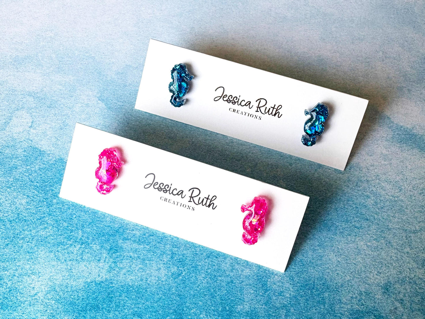 Handmade Glitter Seahorse Stud Earrings, Beach Ocean Jewelry