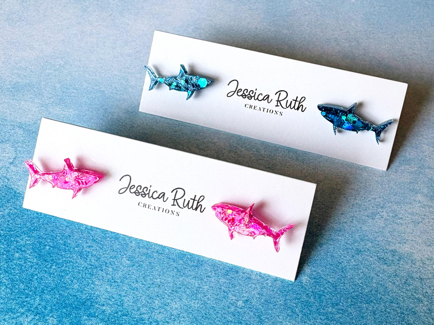 Sparkly Shark Stud Earrings, Handmade Pink or Blue