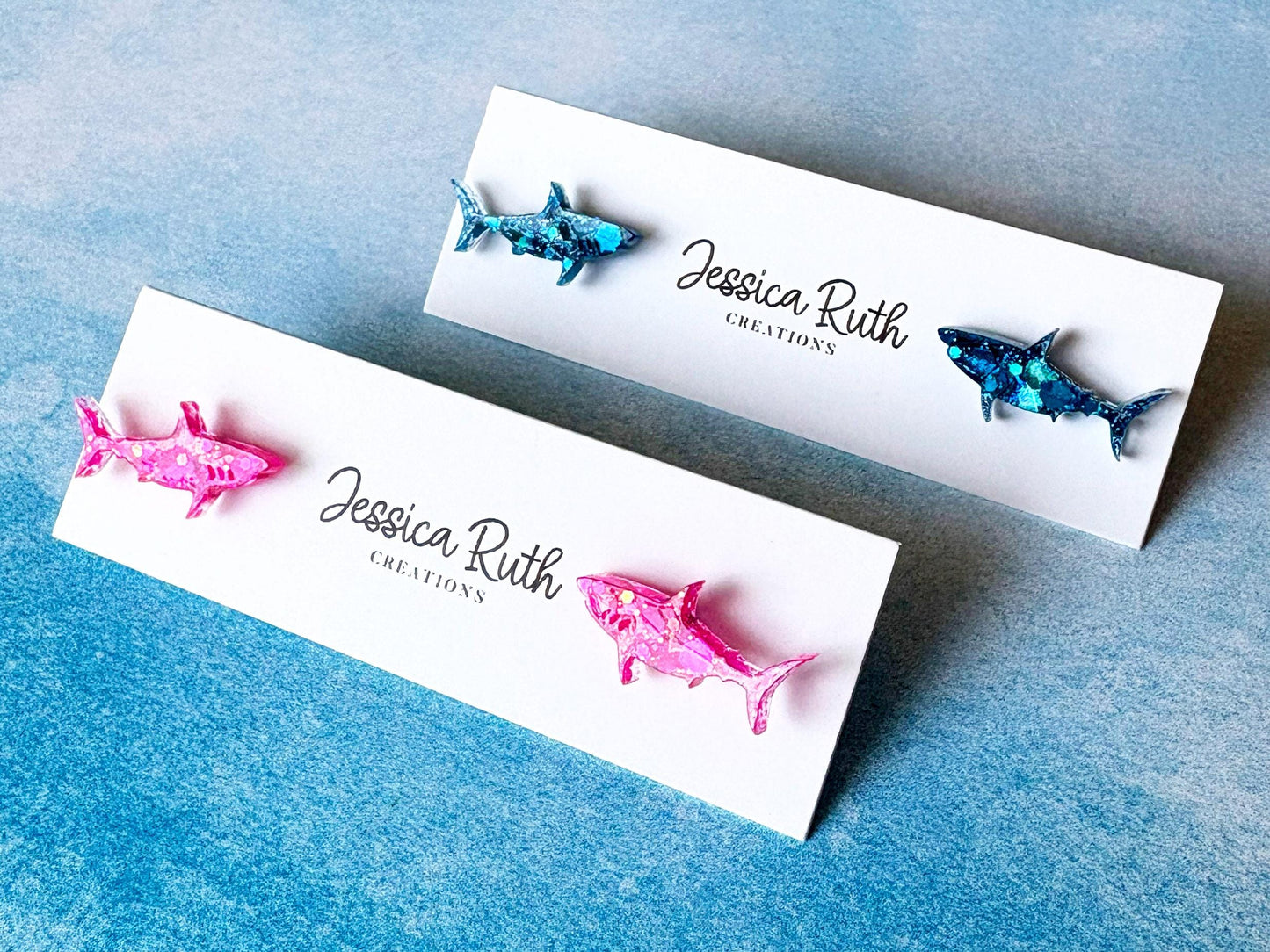 Sparkly Shark Stud Earrings, Handmade Pink or Blue