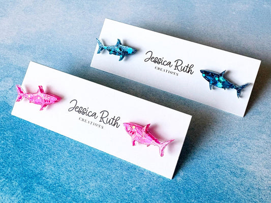 Sparkly Shark Stud Earrings, Handmade Pink or Blue