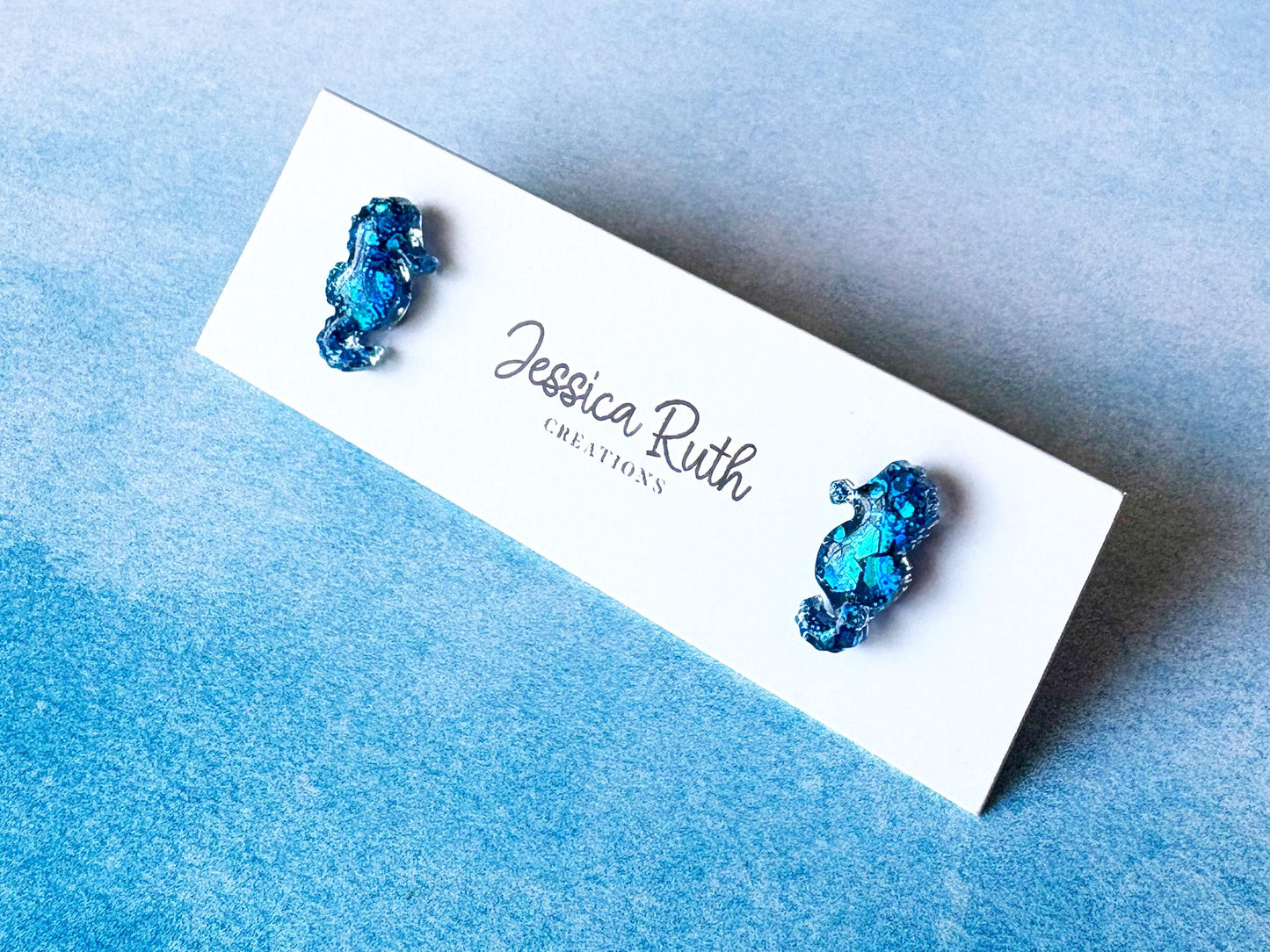 Handmade Glitter Seahorse Stud Earrings, Beach Ocean Jewelry