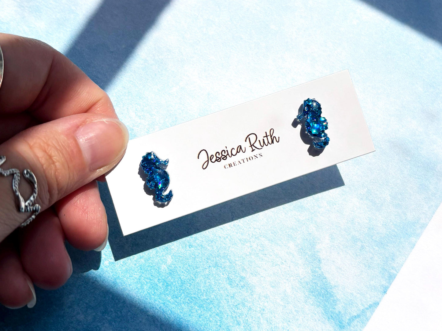 Handmade Glitter Seahorse Stud Earrings, Beach Ocean Jewelry