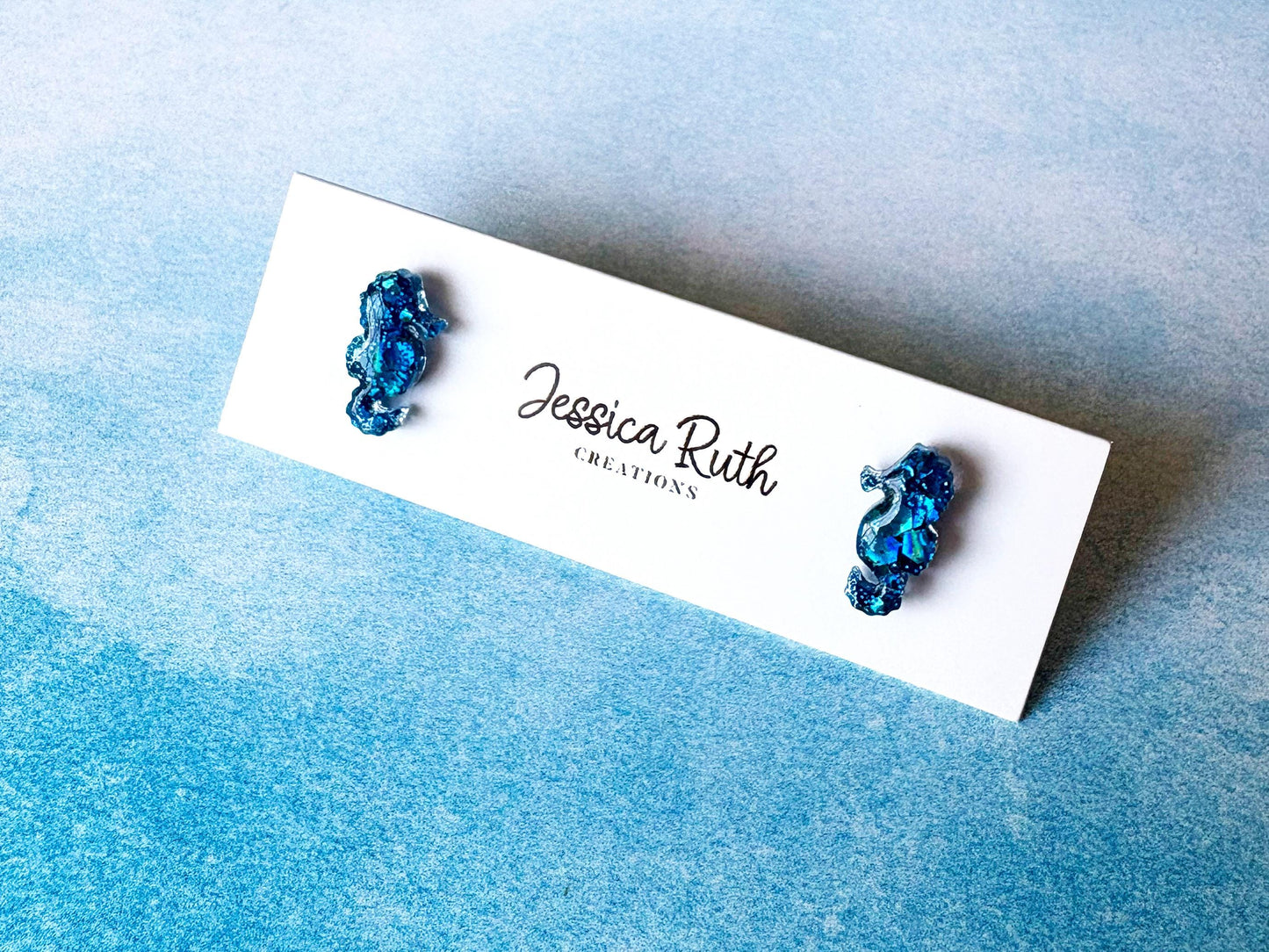 Handmade Glitter Seahorse Stud Earrings, Beach Ocean Jewelry