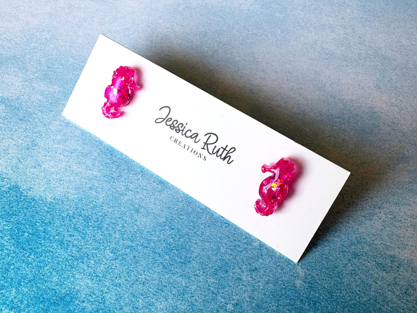 Handmade Glitter Seahorse Stud Earrings, Beach Ocean Jewelry
