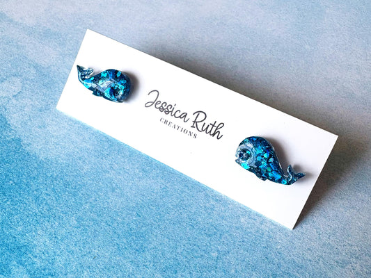 Handmade Resin Whale Stud Earrings, Hypoallergenic Ocean Jewelry