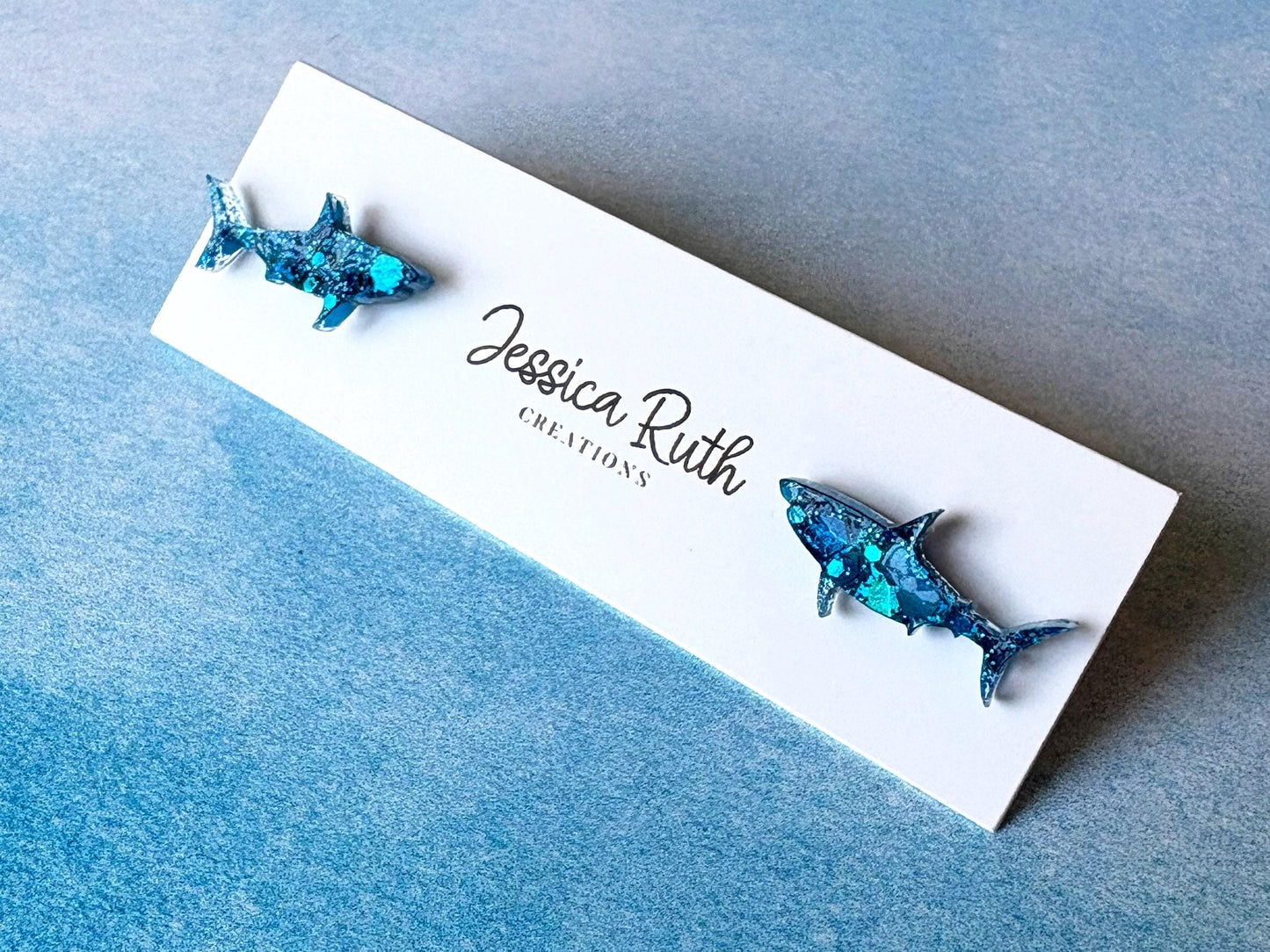 Sparkly Shark Stud Earrings, Handmade Pink or Blue