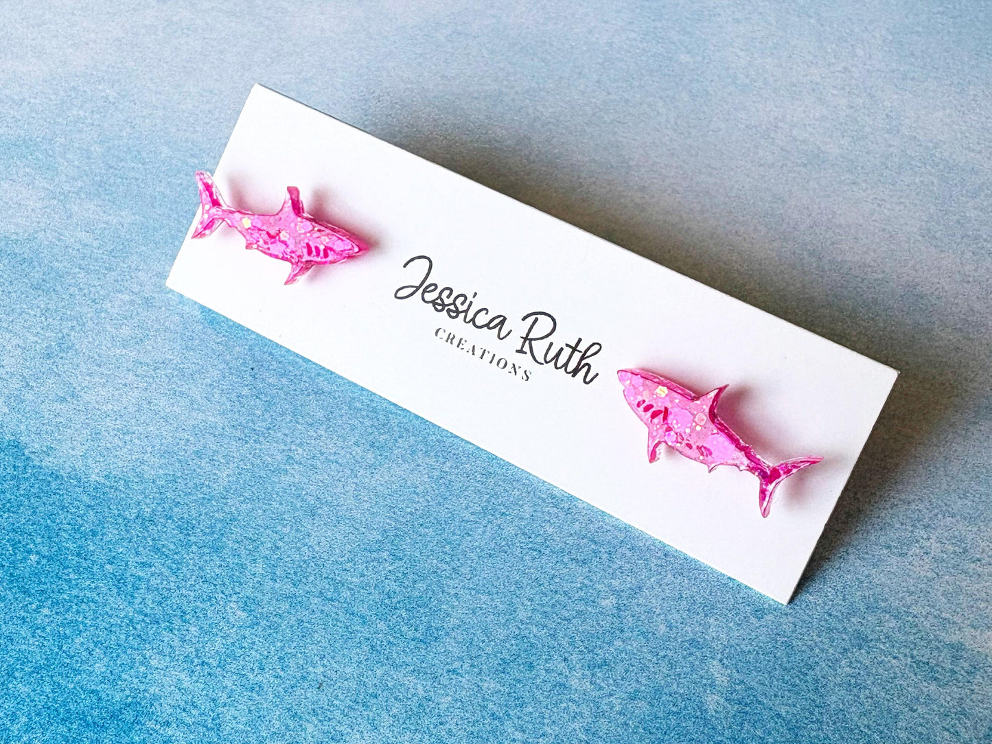 Sparkly Shark Stud Earrings, Handmade Pink or Blue