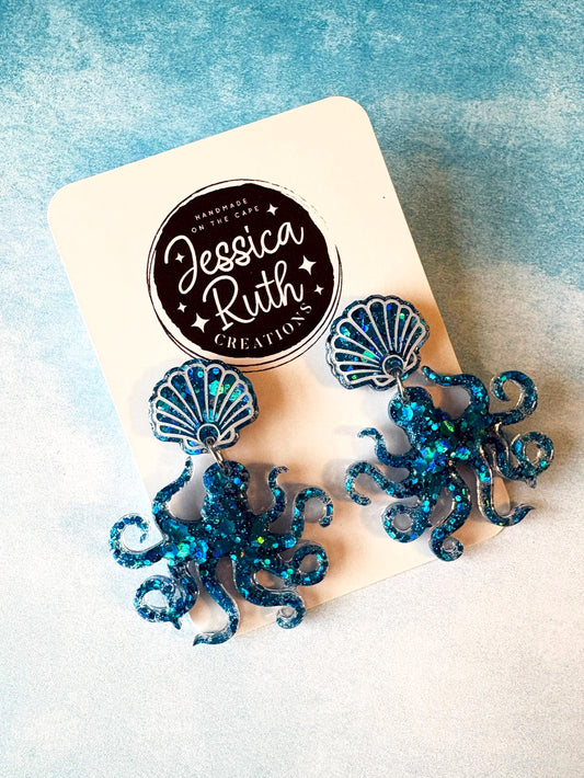 Blue Sparkly Seashell and Octopus Dangle Earrings