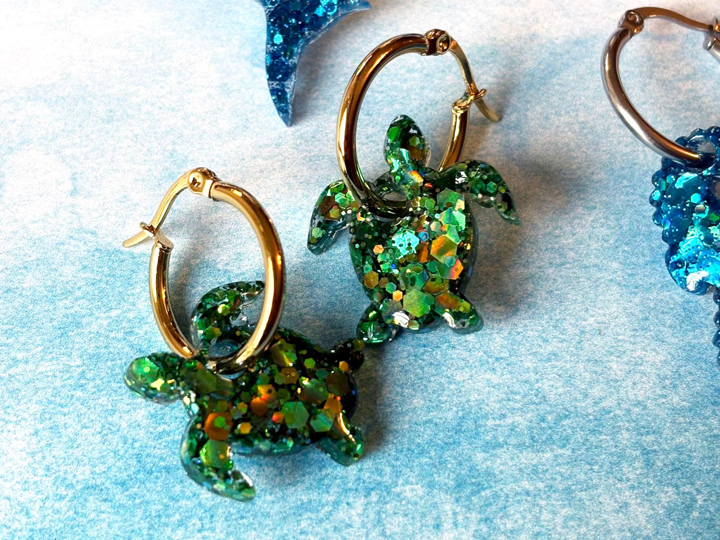 Sea Life Hoop Earrings, turtle, shark, or seahorse.